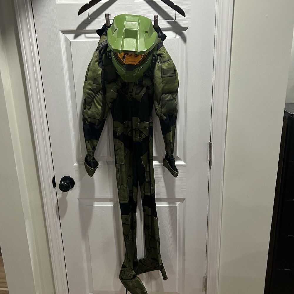 Halo Infinite Master Chief Costume Kids Size 14 Green Jumpsuit Helmet Halloween